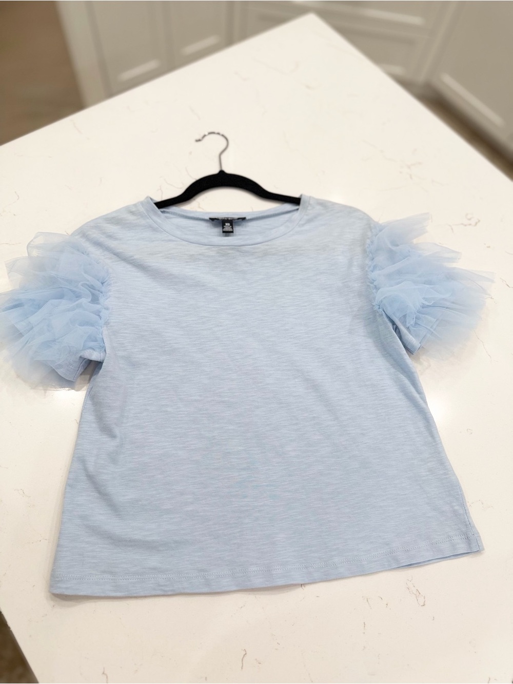 Lea & Viola Light Blue Tee with Tulle Puff Sleeves Size XS